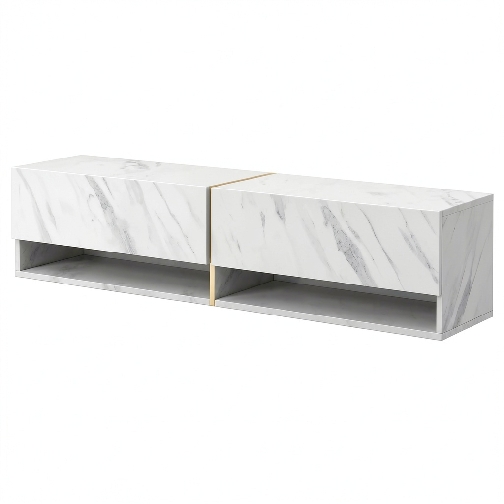 Mobile TV Sospeso Selsey 140 cm, Bianco Marmo, Ante e Cassetti con Dettagli Dorati