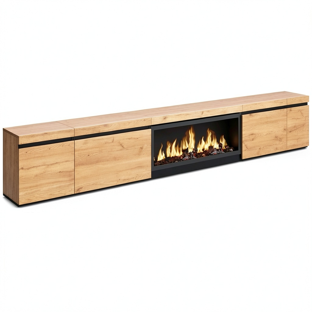 Mobile TV Soggiorno Moderno con Camino Elettrico XXL, Rovere, 368x45x35 cm
