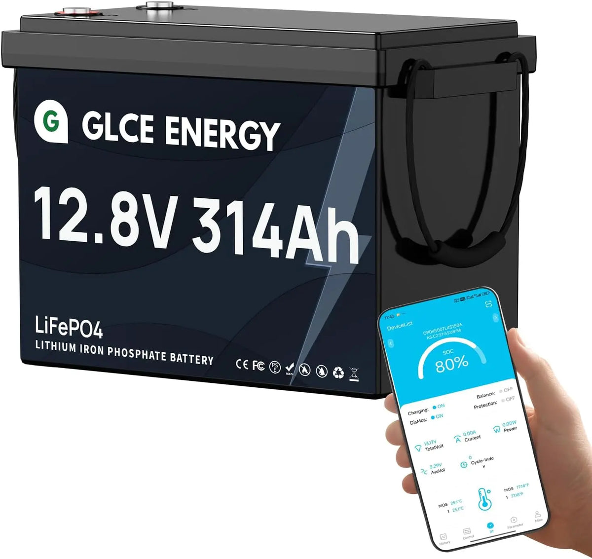 Batteria ricaricabile GLCE‑Energy - con Bluetooth - 12 V, 300 Ah, 314 Ah