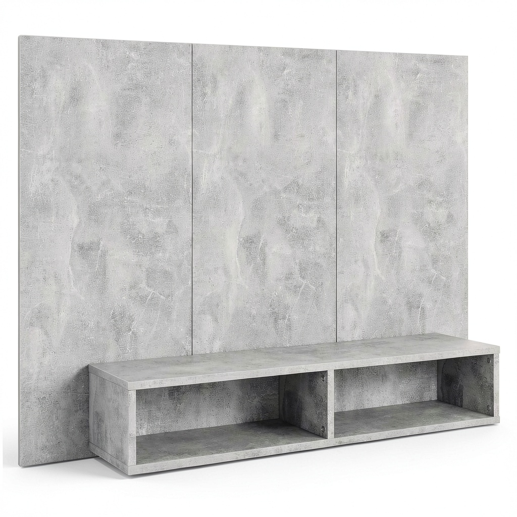 Mobile TV sospeso moderno in legno cemento grigio con scomparti, 120x23,5x90 cm, per soggiorno