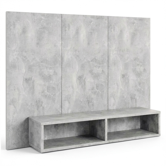 Mobile TV sospeso moderno in legno cemento grigio con scomparti, 120x23,5x90 cm, per soggiorno