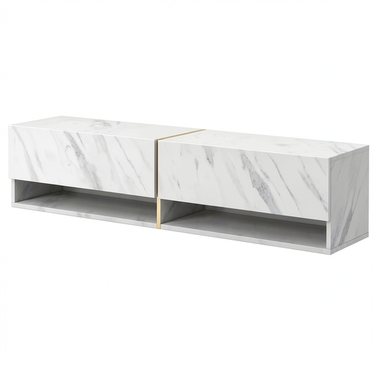 Mobile TV Sospeso Selsey 140 cm, Bianco Marmo, Ante e Cassetti con Dettagli Dorati