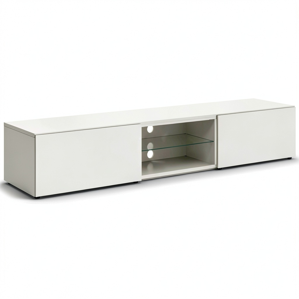 Mobile TV Moderno in Legno Lucido Bianco con Ripiani in Vetro e Ante a Ribalta, 240x38x35 cm