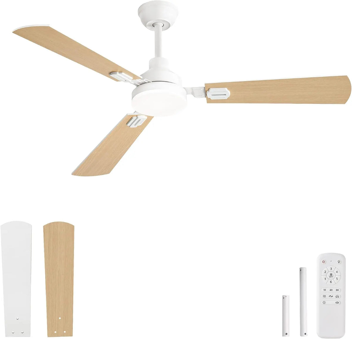 Ventilatore da soffitto - colore Bianco/Marrone - con telecomando, a LED, silenzioso - 132 cm
