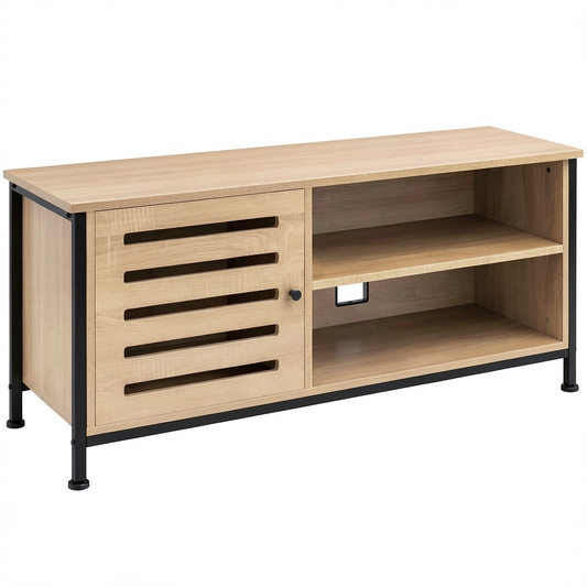 Carrello Porta TV in Stile Industriale per TV fino a 50 Pollici, Legno Chiaro e Acciaio, con 2 Ripiani e Scomparto Chiuso