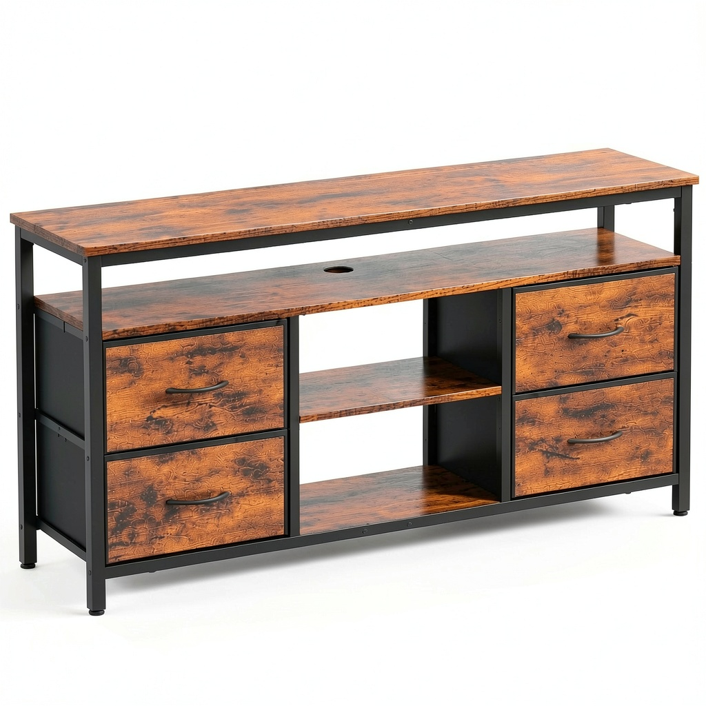 Mobile Porta TV Moderno con LED e Cassetti Tessuto, 110 cm, Legno Marrone Vintage e Nero