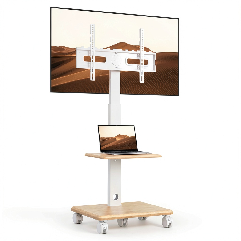 BONTEC Supporto TV a Pavimento per Schermi 32-80 Pollici con Base in Legno e Ruote, Capacità 60 kg, Regolabile in Altezza, Girevole e Inclinabile, VESA 600x400 mm, Colore Bianco