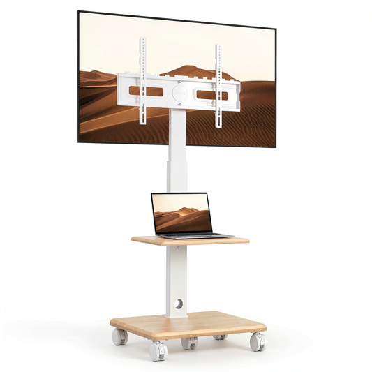 BONTEC Supporto TV a Pavimento per Schermi 32-80 Pollici con Base in Legno e Ruote, Capacità 60 kg, Regolabile in Altezza, Girevole e Inclinabile, VESA 600x400 mm, Colore Bianco