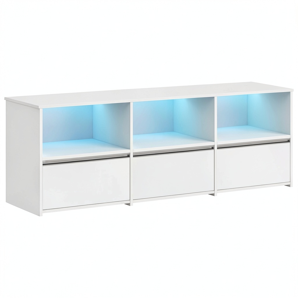 Mobile TV con LED RGB, Supporto fino a 65 Pollici, Design Moderno con 3 Cassetti e Vani Aperti, 143,5x40x50 cm, Bianco e Argento