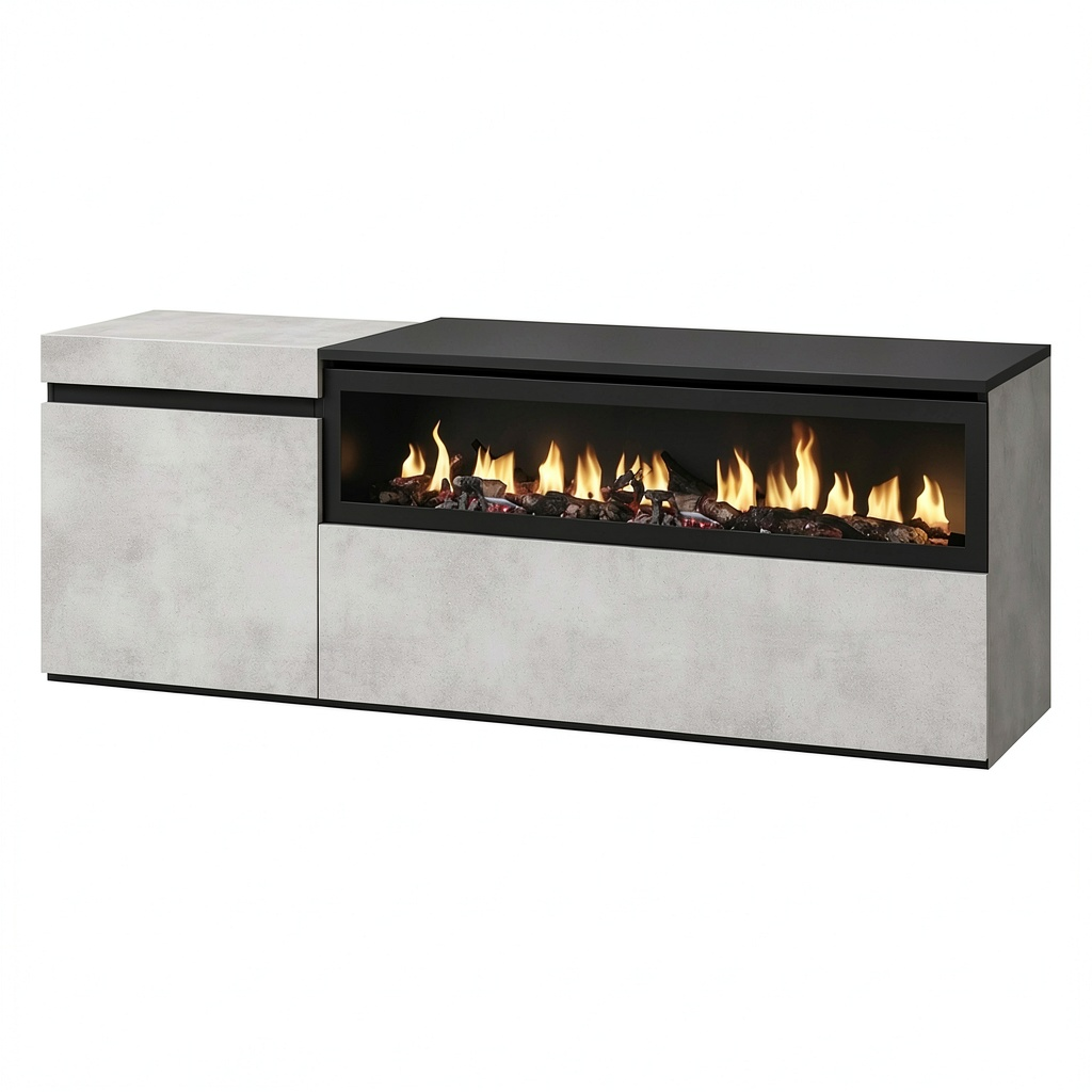 Mobile TV Sospeso con Camino Elettrico per Schermi Fino a 65 Pollici, Stile Moderno, Cemento, 150x45x35cm