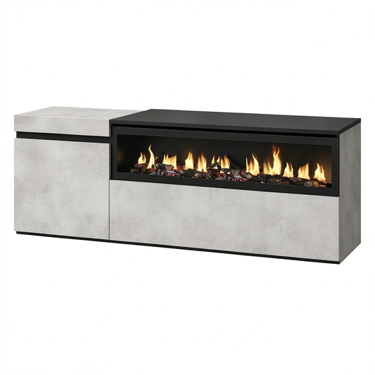 Mobile TV Sospeso con Camino Elettrico per Schermi Fino a 65 Pollici, Stile Moderno, Cemento, 150x45x35cm