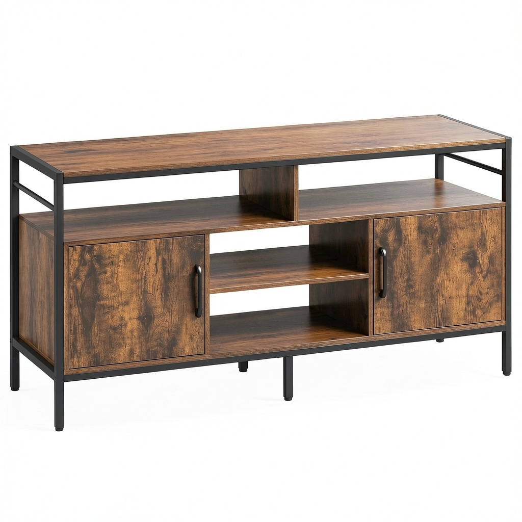 Consolle TV Moderna in Legno con Mensole e Armadietti, Fino a 65 Pollici, Struttura in Metallo, Ideale per Soggiorno e Camera da Letto (Marrone, 147x35 cm)