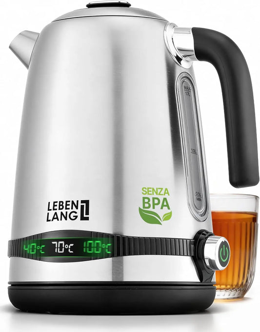 Bollitore elettrico LEBENLANG - colore Argento - con display digitale, silenzioso, regolabile - 2200W, 1,7 Litri