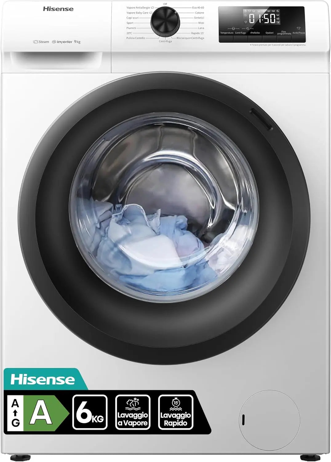 Lavatrice Hisense WFQE6012EVM - colore Nero/Bianco - con display digitale, con tecnologia inverter, a LED - 6 kg