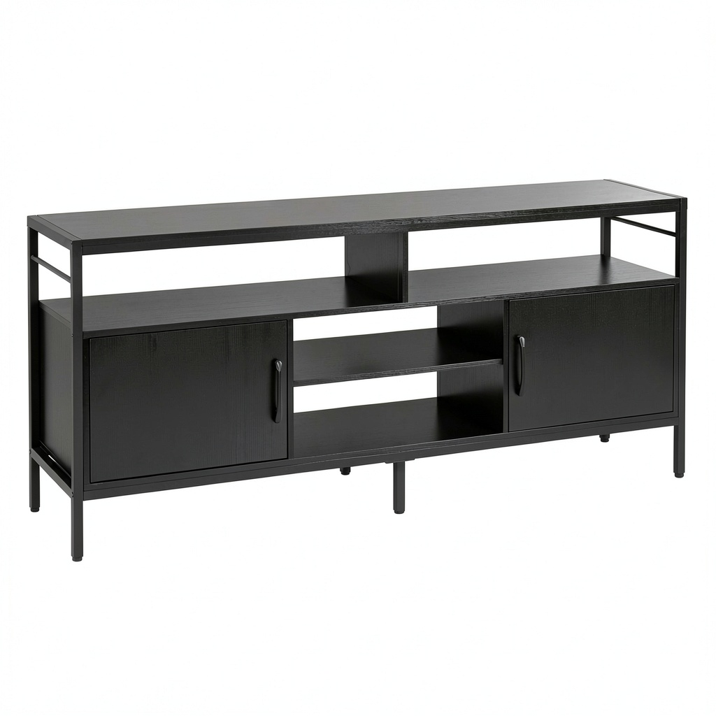 COSTWAY Mobile Porta TV Fino a 65 Pollici con Armadietti e Ripiani, Design in Metallo per Soggiorno e Camera, Nero, 147x35 cm