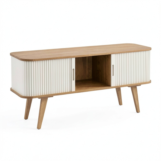 Mobile TV con Ante Scorrevoli e Ripiani, 120x40x58 cm, Colore Naturale e Bianco Crema