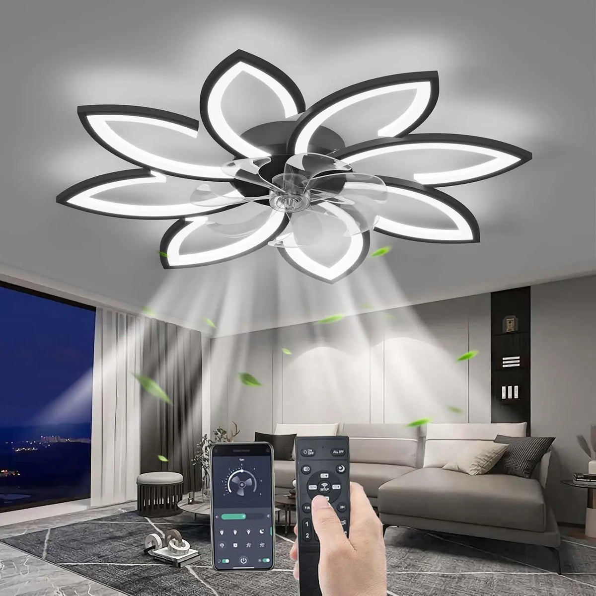 Ventilatore da soffitto YUNZI - colore Nero - con telecomando, a LED, regolabile - 90CM