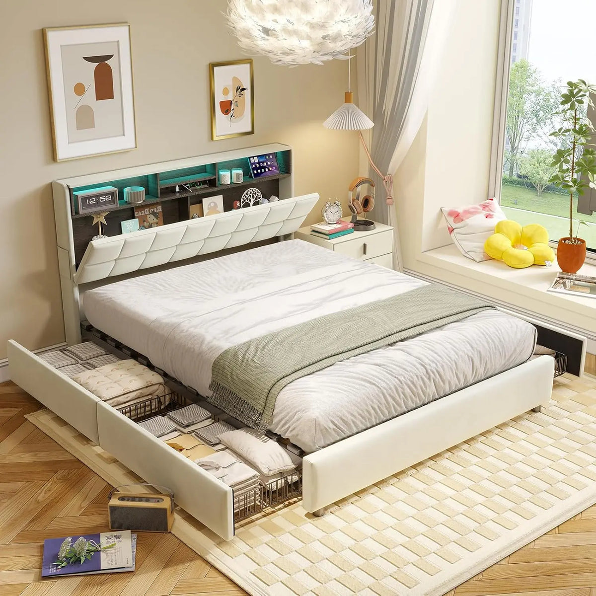 Letto - colore Beige - a LED - 500KG