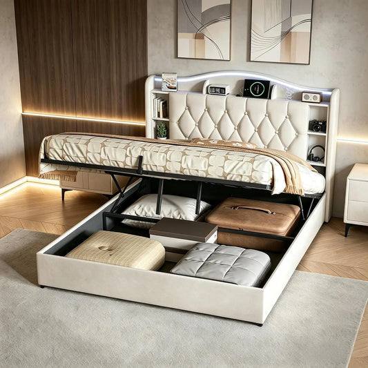Letto - colore Beige - a LED - 200 cm