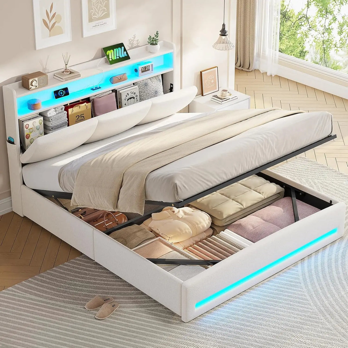 Letto AGOLLATI - colore Beige - a LED - 190 cm