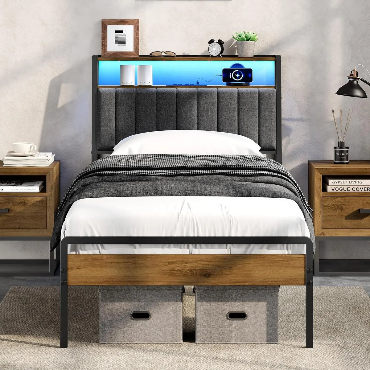 Letto Yaheetech - colore Grigio/Marrone - a LED - 200 cm